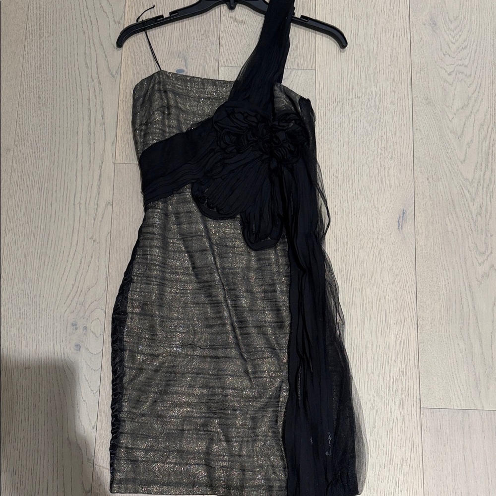 Robert Rodriguez Black and Gold One Shoulder Dress